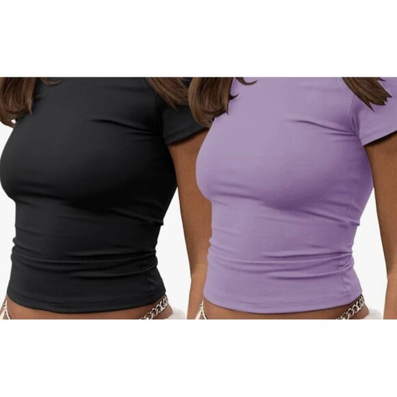 2 ~ ZHENWEI Crop Workout Tops for Women Size Medium ~ Black & Purple - Picture 8 of 8